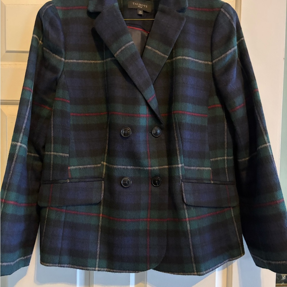 Talbots Women's Double-Breasted Plaid Blazer - Navy and Green